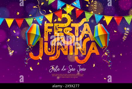 Festa Junina Illustration mit bunten Party Flaggen und Papier Laterne auf fallendem Konfetti Hintergrund. Vektor Brasilianische Traditionelle Juni Sao Joao Stock Vektor