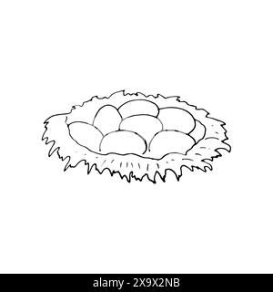 Handgezogenes Nest mit Eiern. Illustration von Lebensmitteln isoliert auf weißem Hintergrund. Stock Vektor
