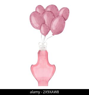 Pinkfarbene Parfümflasche im Vintage-Look mit handbemalten Ballons in Aquarellfarben. Mode-Illustration auf weißem Hintergrund. Wird für Poster, Postkarten verwendet Stockfoto