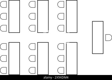Grafische Darstellung der Sitzplätze im Schulungsraum. Sitzplätze für Vorlesungen, Tagungen oder Konferenzen, Schulungen, Seminare oder Geschäftstreffen. Schreibtische und Stühle Stock Vektor