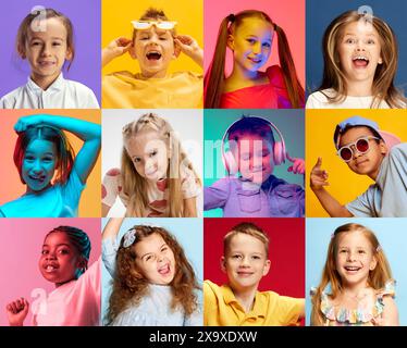 Collage von fröhlich lächelnden Gesichtern von Kindern. Kinder, Mädchen und Jungen unterschiedliche ethnische Zugehörigkeiten, die unterschiedliche positive Emotionen gegen VIBRANT ausdrücken Stockfoto