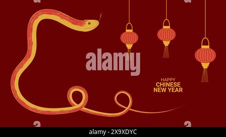 Jahr der Schlange. Glückliches Chinesisches Silvester 2025. Mondkalender. Roter Hintergrund. Bannervorlage Postkartenposter Webdesign. Vektorabbildung Stock Vektor
