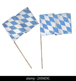 Bayerische Fahnen in Aquarell. Handgezeichneter Clipart, blaue und weiße Diamantformen für Oktoberfest, Bieretiketten, Brauerei, Flyer, Poster, Banner. Clipart für festliches Design, kulturelle Veranstaltung, Bierfestival Stockfoto