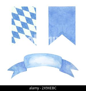 Bayerische Fahnen in Aquarell. Handgezeichneter Clipart, blaue und weiße Diamantformen für Oktoberfest, Bieretiketten, Brauerei, Flyer, Poster, Banner. Clipart für festliches Design, kulturelle Veranstaltung, Bierfestival Stockfoto