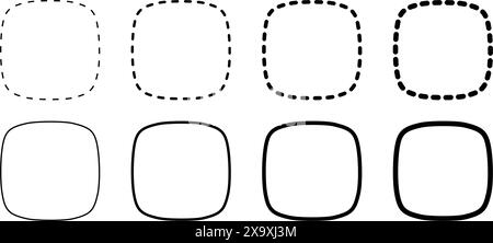 Set aus gestrichelten Eichhörnchen oder Quadraten mit abgerundeten Rändern. Einfache geometrische Formen und Rahmen isoliert auf weißem Hintergrund. Textfelder oder Beschriftungen mit Leerzeichen. Vektorgrafik. Stock Vektor