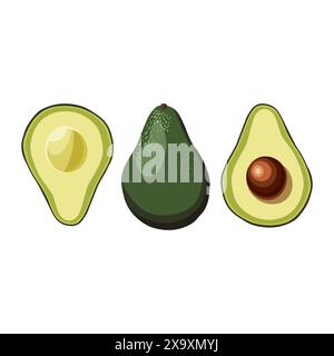 Frische ganze und halbgeschnittene kernlose grüne Avocado isoliert auf weißem Hintergrund. Vektor-Clipart der Seitenansicht. Sommer-Food-Illustration in flachem Stil für des Stock Vektor
