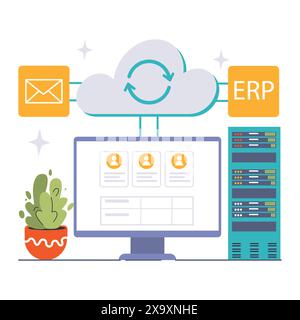 Integration Platform as a Service (IPaaS)-Konzept. Visuelle Darstellung der nahtlosen Verbindung zwischen E-Mail, Cloud-Services und Enterprise Resource Planning. Illustration des flachen Vektors Stock Vektor
