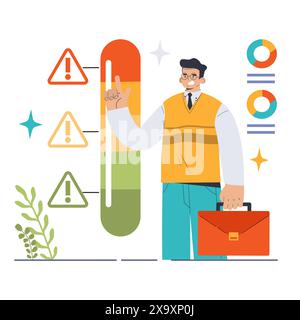 Risikotoleranzkonzept. Geschäftsmann passt den Zähler an, um akzeptable Risikoniveaus bei Unternehmensunternehmen zu messen. Strategische finanzielle Entscheidungsgremien. Illustration des flachen Vektors Stock Vektor