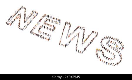 Konzept oder konzeptionelle große Gemeinschaft von Menschen, die das Wort NEWS bilden. 3D-Illustration Metapher für Kommunikation, Medien, Fernsehen, Journalismus Stockfoto