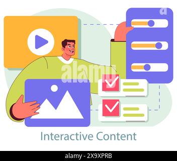 Immersives Marketingkonzept. Interaktion der Benutzer durch Multimedia-Elemente. Dynamische Erlebnisse mit interaktiven Inhalten schaffen. Vektorabbildung. Stock Vektor