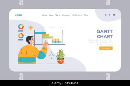 Projektmanagementkonzept. Professionelle Interaktion mit einem Gantt-Diagramm für die Aufgabenplanung und die Organisation von Zeitachsen. Tools zur Projektverfolgung werden visualisiert. Illustration des flachen Vektors Stock Vektor