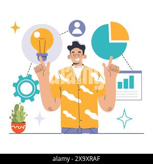 Ressourcenzuweisungskonzept. Eine lebendige Vektorgrafik, die einen selbstbewussten Profi zeigt, der die Verteilung der Assets anhand eines Tortendiagramms und einer Ideenlampe bestimmt. Illustration des flachen Vektors Stock Vektor