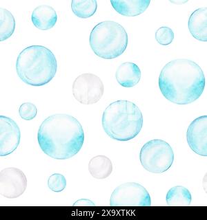 Blaue Luftblasen nahtloses Muster. Meereskorallenrifftapete. Handgezeichnete Aquarellillustration isoliert auf weißem Hintergrund. Textildesign Stockfoto