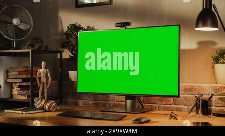 Computermonitor mit grünem Bildschirm, auf einem Holztisch mit höhenverstellbarer Funktion. Chroma Key Display zu Hause im modernen Wohnzimmer oder im kreativen Loft Büro mit Ziegelwand Stockfoto