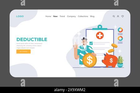 Konzept der Selbstbeteiligung im Gesundheitswesen. Ein lächelnder Arzt erklärt, wie wichtig Einsparungen für medizinische Ausgaben sind, neben einer Sparkasse und Kostentabellen. Illustration des flachen Vektors Stock Vektor