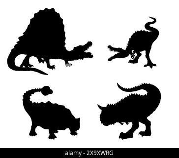 Schwarze Silhouette fleischfressender Dinosaurier. Spinosaurus, Carnotaurus, Ankylosaurus und Baryonyx. Stockfoto