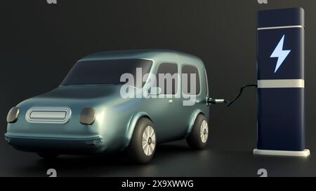 3D-Rendering eines Elektroautos an eine Ladestation angeschlossen, das Ladekabel wird von der Station an den Anschluss des Fahrzeugs angeschlossen. Stockfoto