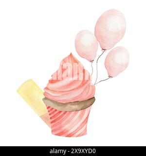 Geburtstagskuchen mit Ballon und Konfetti-Aquarellillustration. Handgezeichnete Essenskomposition für Kinderfeier Dekor, Grußkarte, Stockfoto