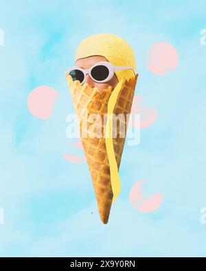 Lustiges Bild des weiblichen Kopfes in Sonnenbrille und Badekappe, der auf Eiskegel erscheint. Heiße Tage, schmelzen. Zeitgenössische Kunstcollage. Stockfoto