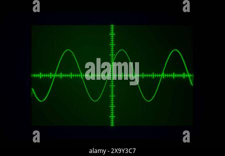 Oszillator, Anzeige mit grünem Radar. Oszillator, Anzeige mit grünem Radar. Experiment, Sinuskurve, Mathematik, Physik, digitale Anzeige, Schnittstelle, Lokalisierung, Diagramm, Steuerung. Img Science oscillator Sinus Wave Monitor s01 Stockfoto