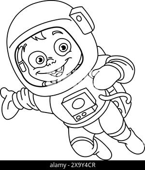 Umrissenes glückliches Astronautenkind in einem Raumanzug, das mit seiner oder ihrer Hand präsentiert, Vector Line Art Illustration Ausmalseite. Stock Vektor