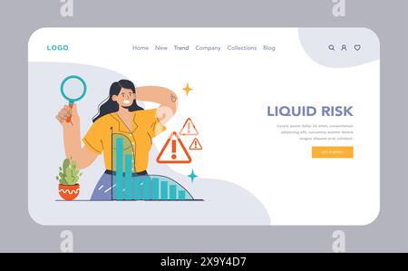 Liquid Risk Konzept. Der Analyst untersucht finanzielle Liquiditätsbarrieren mit einer Lupe unter Warnzeichen. Aufschlussreiche Untersuchung der Marktvolatilität. Illustration des flachen Vektors Stock Vektor