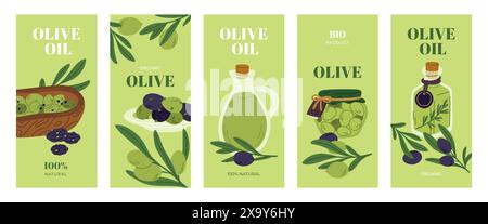 Olivenerzeugnisse. Olivenflaschen. Eingelegte Beeren. Baumpflanzenzweige. Schwarze und grüne Früchte in Glasgläsern. Lebensmitteletiketten. Organische kosmetische Komponente Stock Vektor