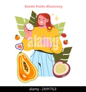 Exotic Fruits Discovery-Konzept. Begeisterte Frau, die verschiedene tropische Früchte erkundet und frische Papaya, Passionsfrüchte und Drachenfrüchte präsentiert. Vektorabbildung. Stock Vektor