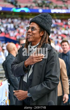 London, England. Juni 2024. Der US-amerikanische Rapper Jay-Z war ein besonderer Gast vor dem Finale der UEFA Champions League 2024 zwischen Borussia Dortmund und Real Madrid in Wembley in London. (Foto: Gonzales Photo - Tommaso Fimiano). Stockfoto