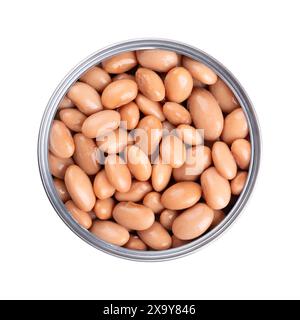 Borlotti-Bohnen in geöffneter Dose. Gekochte und konservierte Preiselbeerbohnen, eine Haselnussfarbene Sorte der gewöhnlichen Bohnen, Phaseolus vulgaris. Stockfoto