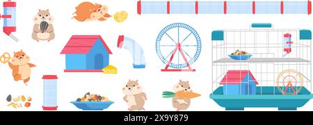 Hamsterausrüstung. Cartoon Hamster, Käfigwerkzeuge zum Spielen, Essen, Trinken und Training. Fettes, flauschiges Haustier, Laufrad, Samen heutzutage Stock Vektor