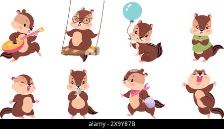 Cartoon-Chipmunk-Set. Isolierte nette Chipmunks verschiedene Aktivitäten. Emotionale Tiere spielen und essen, singen und haben Spaß. Lustige Vektorfiguren heutzutage Stock Vektor