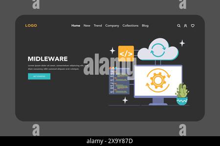 Middleware-Konzept mit Cloud-Computing-Grafik und Codesymbol auf einem Desktop-Setup, das die Softwareebene darstellt, die Kommunikation und Datenverwaltung erleichtert. Illustration des flachen Vektors Stock Vektor