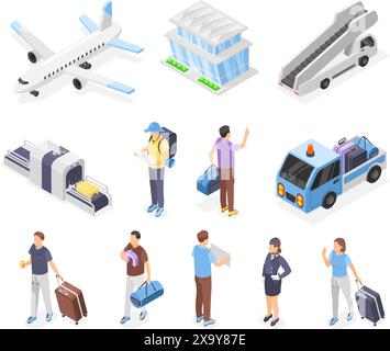 Isometrische Flughafenelemente. Reisende mit Koffern, Gepäckkontrollband und Flugzeug. Abgeschiedenes touristisches Set, Urlaub, makellose Vektorgrafik Stock Vektor