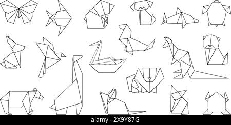 Linie Origami-Elemente. Verschiedene polygonale Vögel und Tiere, dekorative geometrische Logos. Löwe, Känguruschwan und Schmetterling, anständiges Vektorset Stock Vektor