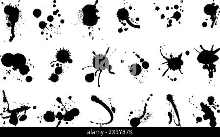 Schwarze Tintentropfen, Spritzer und Flecken. Abstrakte Kunst-Grunge-Elemente für Design. Schmutzige Flecken, schmutzige Flecken und Spritzer. Neoteric Vektorset für Flüssigfarbe Stock Vektor