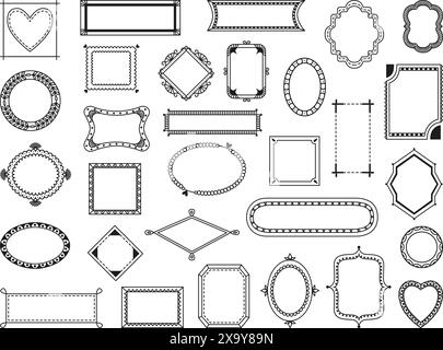 Dekorative Kritzelrahmen. Rahmen für Retro-Kunst, elegante Etiketten für Design, Dekoration von Karten und Einladung. Handgezeichnetes neoterisches Vektorset Stock Vektor