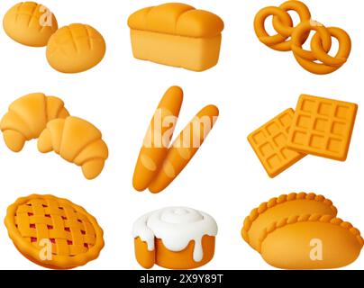 3D Backwaren. Gebäck, Croissants und Brot. Isolierte Brötchen, französische Baguettes und Waffeln. Rendern Sie realistische Backpithy-Vektorsammlung Stock Vektor