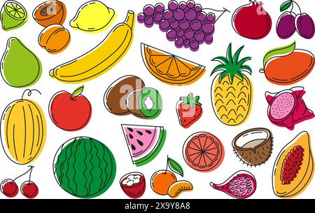Frucht-Kritzelteil. Handgezogene Früchte, exotische und Garten frische Ernte. Tropische Vitaminrohkost. Kokos, Passionsfrucht, Wassermelone, Neoterie Stock Vektor