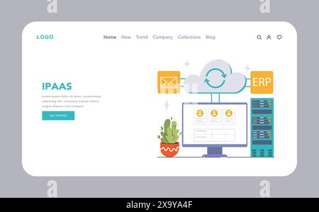 Integration Platform as a Service (IPaaS)-Konzept. Visuelle Darstellung der nahtlosen Verbindung zwischen E-Mail, Cloud-Services und Enterprise Resource Planning. Illustration des flachen Vektors Stock Vektor
