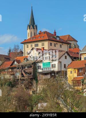 Novo Mesto, Slowenien - 6. März 2020: St. Nikolaus-Kathedrale Bau Steinkirche Wahrzeichen auf Hügel in der Altstadt Wintertag. Stockfoto