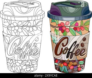 Tasse Kaffee mit abstrakten Ornamenten zum Färben. Handgezeichnete Illustration für T-Shirt-Dekoration. Farbe und Kontur festgelegt. Stock Vektor
