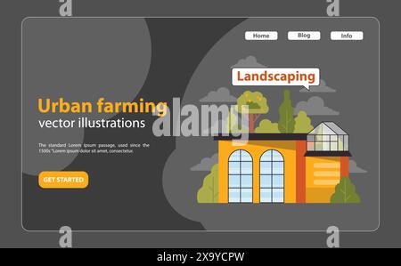 Moderner urbaner Dachgarten. Das orange Gebäude verfügt über üppiges Grün, einen lebhaften Baum und ein angrenzendes Gewächshaus. Die Stadt drängt auf Grünflächen. Illustration des flachen Vektors Stock Vektor