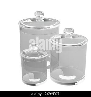 Eine 3D-Darstellung von Wasserflaschen in verschiedenen Formen und Größen Stockfoto