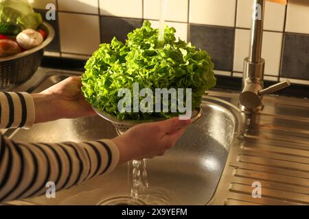 Frau, die frische Salatblätter in Metallsieb wäscht, Nahaufnahme Stockfoto