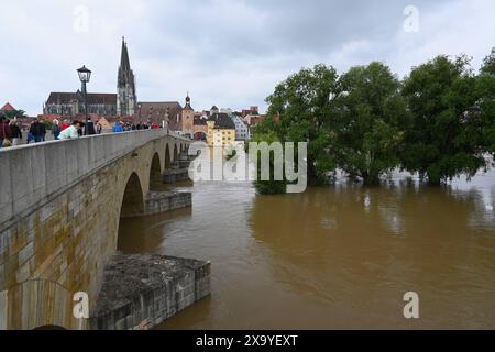 In weiten Teilen nimmt der Regen seit Tagen kein Ende. Flüsse und Bäche treten über die Ufer, Wassermassen fluten Keller und die Hochwasserpegel steigen weiter an. Einsatzkräfte sind im Dauereinsatz. Foto: Steinerne Brücke mit Blick auf den Regensburger Dom. Hochwasser in der Weltkulturerbe-Stadt Regensburg, Bayern. In Regensburg erreicht man die Donau einen Pegel von sechs Metern. Damit gilt die Hochwasser-Meldestufe vier. Am Vormittag wurde der Katastrophenfall ausgerufen. *** In weiten Teilen Bayerns hat der Regen seit Tagen nicht aufgehört Flüsse und Bäche überströmen ihre Ufer, Massen von Stockfoto