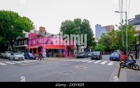 Buenos Aires, Argentinien - Straßenszene im angesagten, trendigen Viertel Palermo. Eine große Auswahl an Restaurants, schicken Cocktailbars und ungewöhnlicher Mode Stockfoto