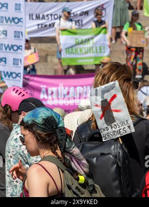 Teilnehmer am Klimaprotest von Lisää ääntä auf den Stufen der Kathedrale von Helsinki und auf dem Senatsplatz in Helsinki, Finnland am 2. Juni 2024. Stockfoto