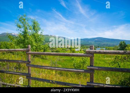 Frühlingslandschaft. Pinilla del Valle, Provinz Madrid, Spanien. Stockfoto