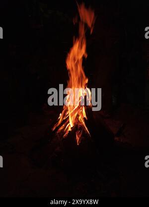 Ein helles Lagerfeuer, das in der Dunkelheit leuchtet Stockfoto